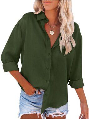 Womens Button Down V Neck Long Sleeve Collared Shirt Blouse Office Casual